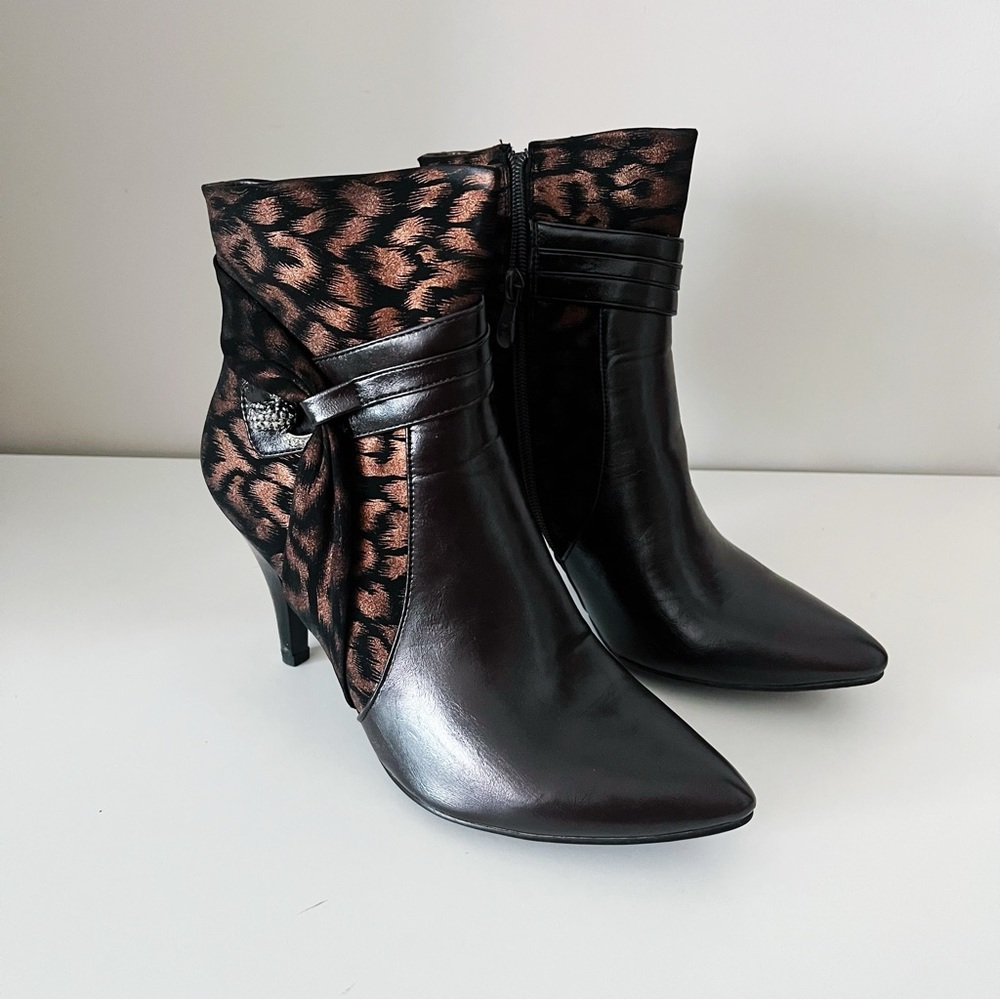 LuvShoes Brown Leopard Print Sparkly Silver Rhinestone Buckle Ankle Boots